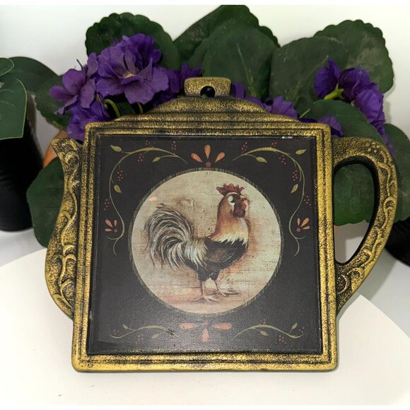 Vintage Rooster Themed Cast Metal Teapot Shaped Trivet/Wall Decor - Picture 5 of 10